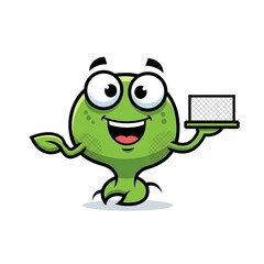 Obraz premium Green cartoon character holding laptop computer.