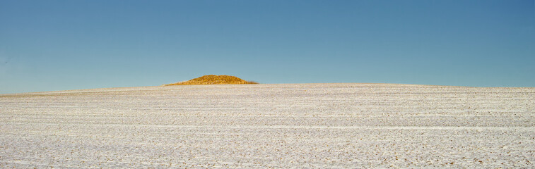 Empty, field and drought in nature, banner and dry soil for agriculture and blue sky in...