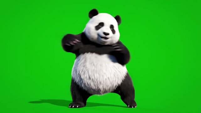 A cheerful dancing panda performing fun moves against a vibrant green background