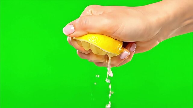 Hand Squeezing Fresh Lemon Juice on Green Screen Background