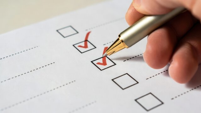 Hand checking checkbox on survey form with red pen for decision making and approval process