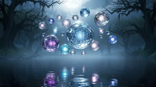 Abstract orbs floating above water surface