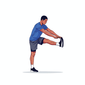 Man stretching one leg forward, hands reaching for toes, blue shirt, gray shorts