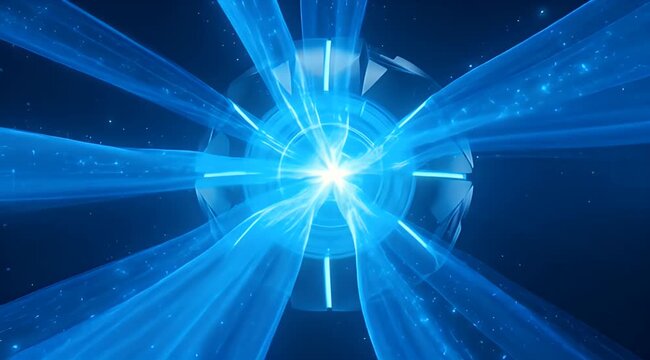Vibrant blue light streams emanate from a geometric core in deep space