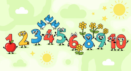 Obraz premium Cartoon numbers 1 to 10 with cheerful faces and associated objects like an apple, birds, and flowers on a bright green background with clouds and sun, designed for children's education.