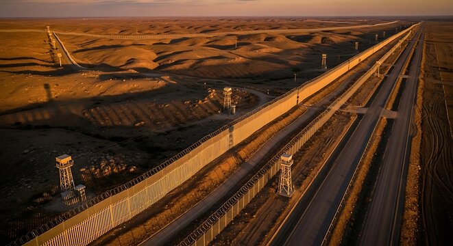 A sweeping view of a formidable long barrier with watchtowers extending across a vast, sandy desert at dawn, symbolizing boundaries and human presence