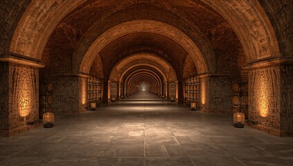 Obraz premium Ancient Rustic Cellar with Arched Ceilings and Soft Illuminated Light