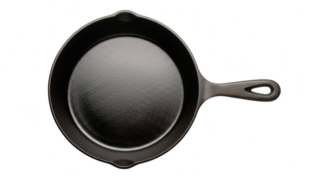 A cast iron skillet with a glossy, seasoned interior, viewed from above at a slight angle.