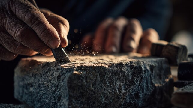 stone carving art, a skilled stonemasons hands chisel natural stone with precision in a dimly lit workshop, capturing traditional craftsmanship