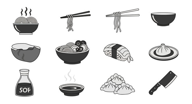 Asian Food Icons Set: Noodles, Sushi, Dumplings, Soy Sauce, Coconut