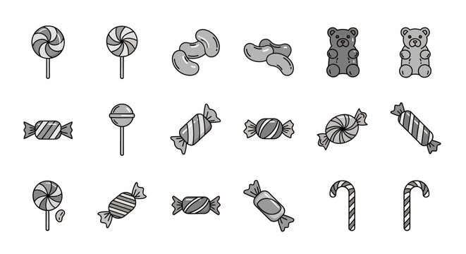 Assorted Candy Icons: Lollipops, Gummy Bears, Candies, and Candy Canes