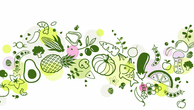 Modern healthy food illustration banner with various fruits, vegetables, and organic ingredients arranged in a flowing horizontal composition. Minimal line art style icons including avocado, pineapple