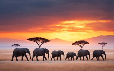 Obraz premium Elephants Herd Crossing Savanna at Sunset in Africa