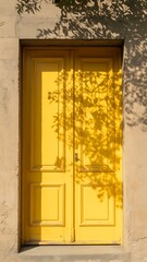 Fototapeta premium Vibrant Yellow Door with Intricate Shadows Cast by Nearby Plants Photo