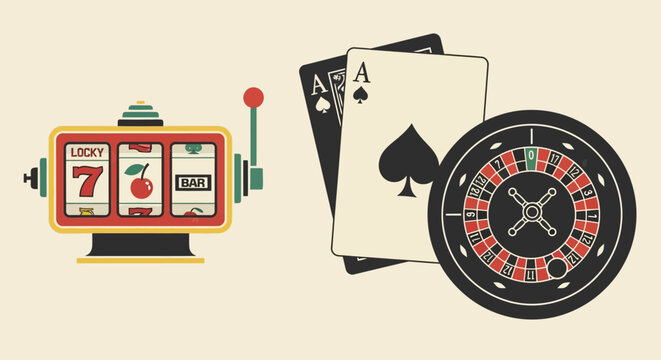 Casino Gambling Games: Slot Machine, Playing Cards, and Roulette Wheel Illustration