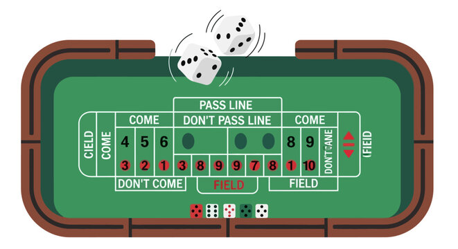 Craps Table with Rolling Dice Illustration for Casino Gambling Game