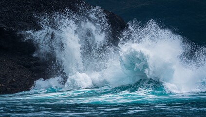Obraz premium Dynamic Ocean Waves Crashing Against Rocky Shoreline at Dusk