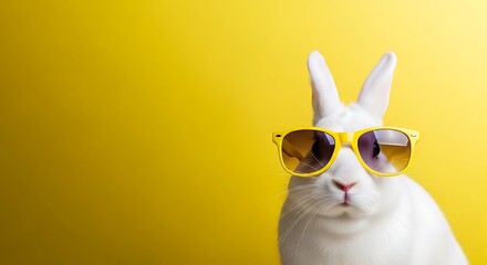 Fototapeta premium Easter sunday white bunny wearing cool sunglasses on bright yellow background celebrating springtime and easter holiday