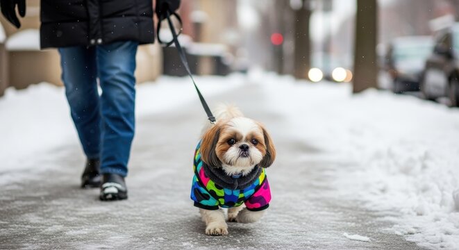 Shih Tzu Dog Enjoying a Winter Walk in Colorful Coat.