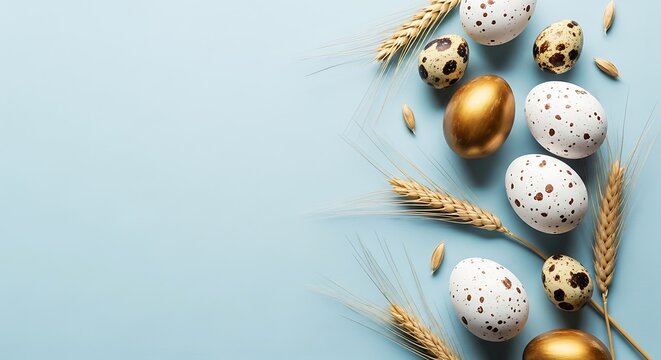Easter sunday celebration with decorative easter eggs and wheat on light blue background