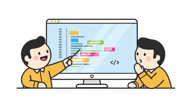 Two cartoon characters learning and teaching programming code on a computer monitor. Software development education and tech training.