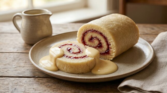 Traditional Jam Roly-Poly with Raspberry Jam and Custard