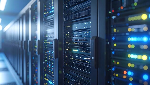 A long row of computer servers in a data center