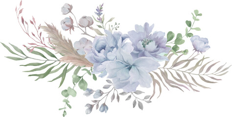 Watercolor Dusty Blue Peony Floral Arrangement. Hand drawn illustration. Vector EPS.