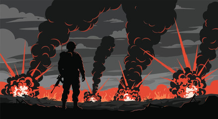 A lone soldier stands amidst fiery explosions and billowing smoke a dramatic wartime silhouette high quality © nhpvect02
