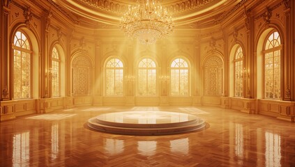 Obraz premium Elegant grand hall with ornate chandelier and warm sunlight rays