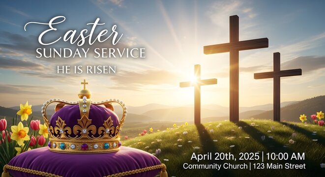 Easter sunday service invitation with crown and crosses