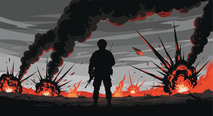 A lone soldier stands amidst fiery explosions and destruction a powerful war scene silhouette high quality © nhpvect02