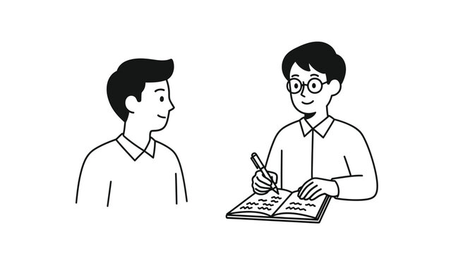 Two people engaged in discussion, one taking notes. Minimalist line art illustration.