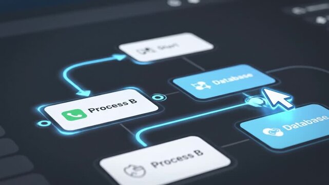 Digital Workflow Diagram Process Automation Database Integration User Interface Technology Software Development and Flowchart System Connection for Data Management, Analysis, and Modern Business