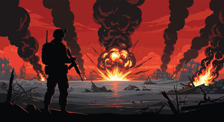 A lone soldier stands amidst war and destruction a dramatic fiery landscape silhouette high quality professional © nhpvect02