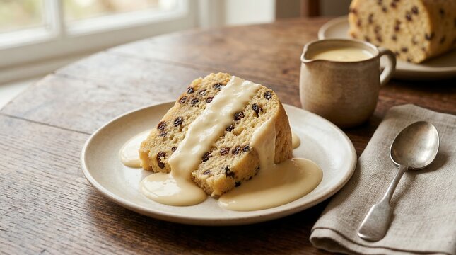 Traditional Spotted Dick Steamed Pudding with Vanilla Custard