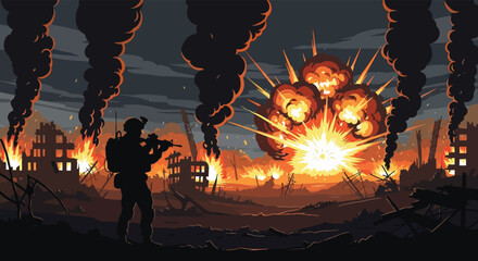 A lone soldier stands amidst a war torn landscape with intense explosions a dramatic silhouette high quality © nhpvect02
