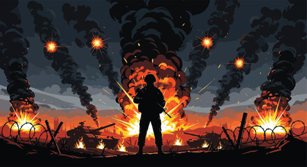 A lone soldier stands amidst a fiery battlefield with explosions and wreckage silhouette high quality professional © nhpvect02