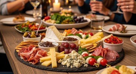 Fototapeta premium Elegant Cheese Platter with Assorted Meats and Fresh Ingredients on a Wooden Table