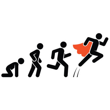 Evolution of a hero from crawling to soaring with a red cape