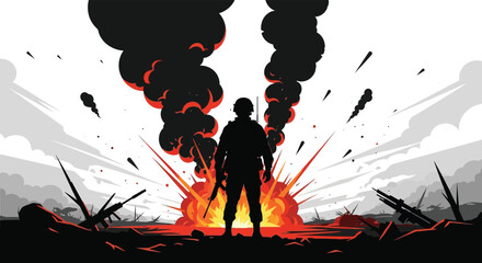 A lone soldier stands defiantly amidst an intense battlefield explosion a striking silhouette high quality professional © nhpvect02