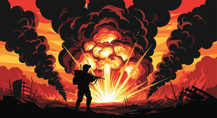 A lone soldier stands before a fiery explosion and devastated landscape a dramatic silhouette high quality © nhpvect02