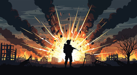 A lone figure stands amidst a fiery devastated cityscape witnessing a large explosion silhouette © nhpvect02