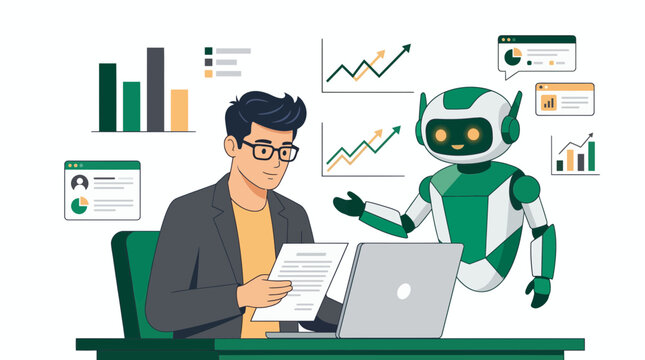 Male financial analyst working with laptop while ai robot assists with data visualization and charts, concept for business automation, digital transformation and predictive analytics