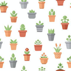 Fototapeta premium A flat illustration pattern of potted plants in various clay and grey pots