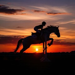 Fototapeta premium Silhouette of a horse and rider jumping against a vibrant sunset.