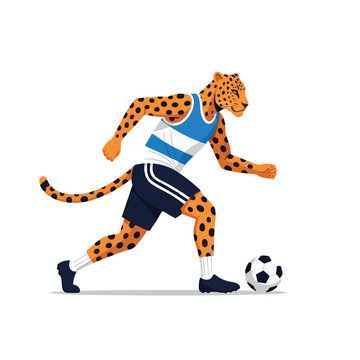 Spotted leopard in athletic wear plays soccer with a ball, motion blur