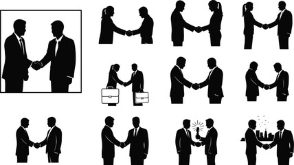 Business handshake silhouettes collection with businessmen partners greeting agreement deal partnership meeting isolated on white background corporate collaboration concept © mokbul