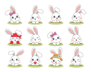 Obraz premium Playful White Baby Bunny Rabbits Collection in Hole Cute Kawaii Set 