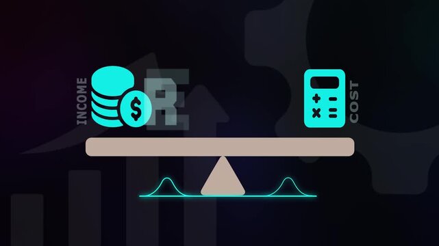 Sustainable revenue balance concept featuring financial icons on a see-saw for economic stability and growth.